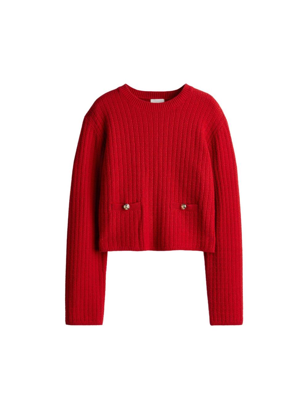 H&M Moss Knit Sweater Womens Large Red Cropped Gold Button Preppy Cozy NWOT